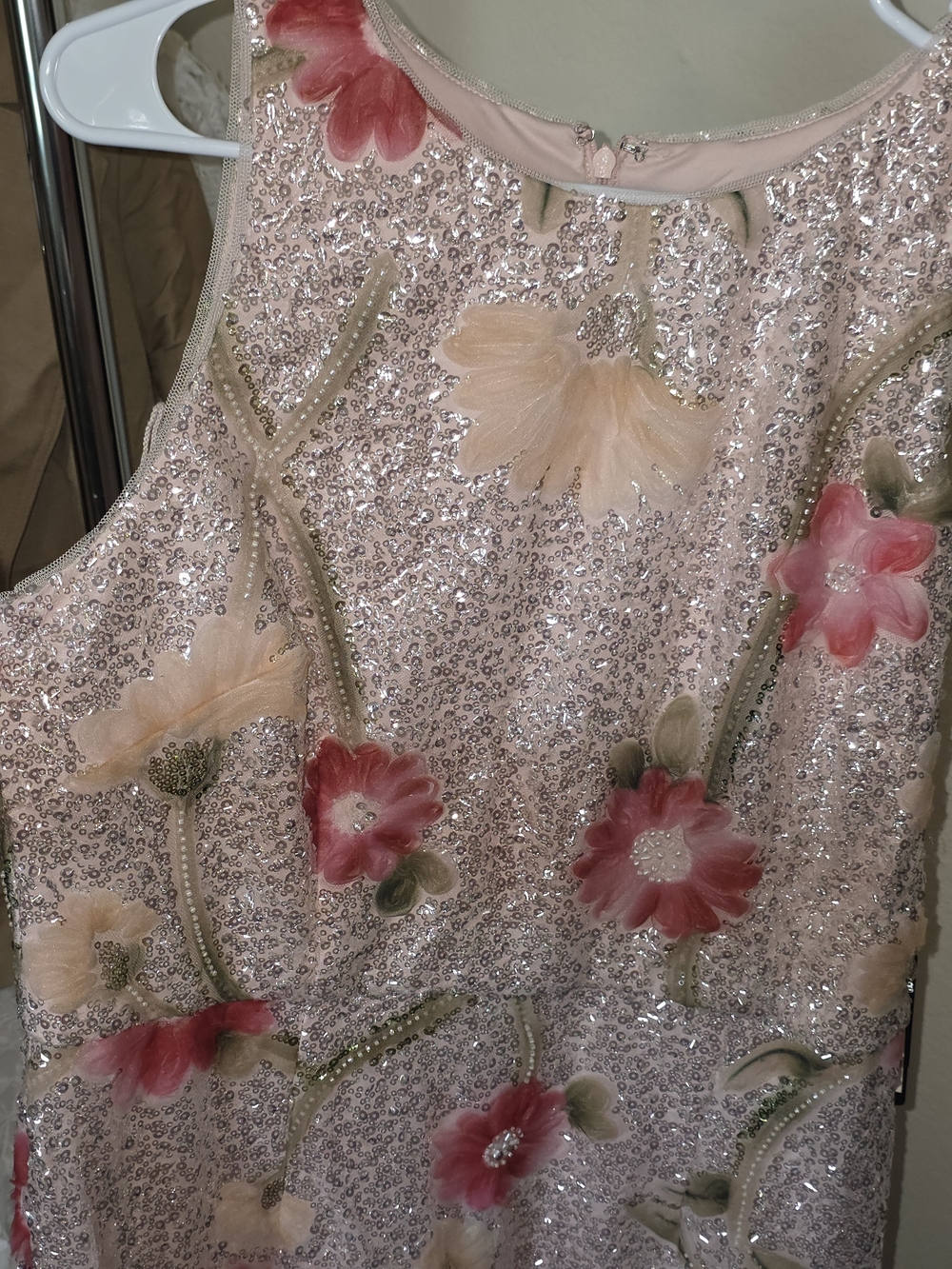 ADRIANNA PAPELL Sequin Floral Midi Sheath Dress Silver Blush Multi Cocktail - Picture 9 of 13